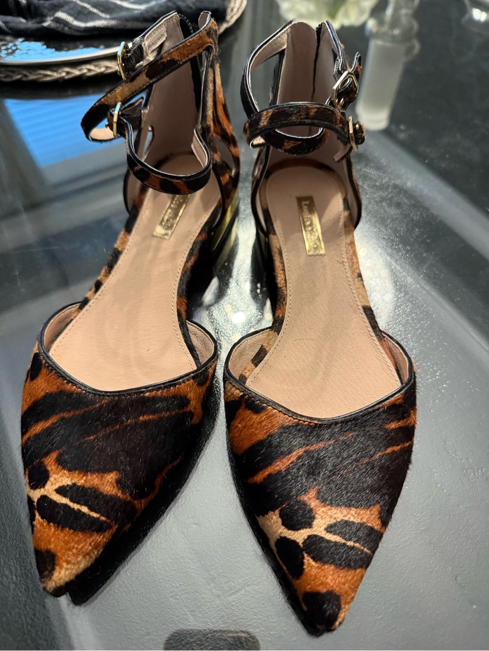 Louise et Cie Leopard Print Pointed Toe Ankle-Strap Flats - Brown